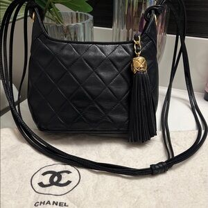 Vintage Chanel Black Quilted Crossbody Bag with Gold Tassel